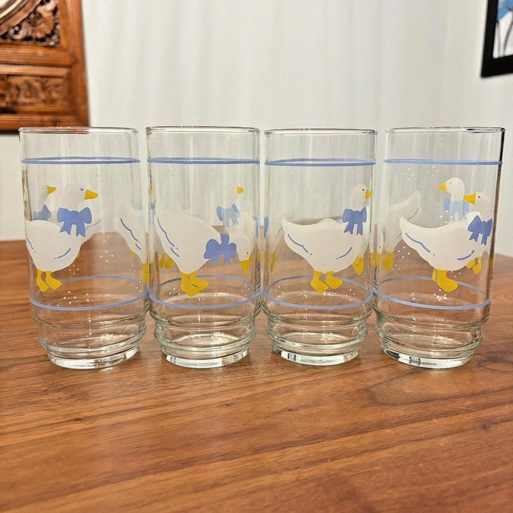 4 Vintage Geese Goose Duck Blue Bow Libbey Anchor Hocking 80's Drinking Glasses